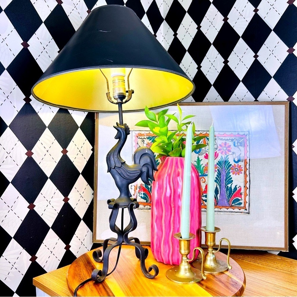 Wrought Iron Rooster Lamp French Country w/‎ Original Black Gold Shade Farmhouse - Picture 3 of 11